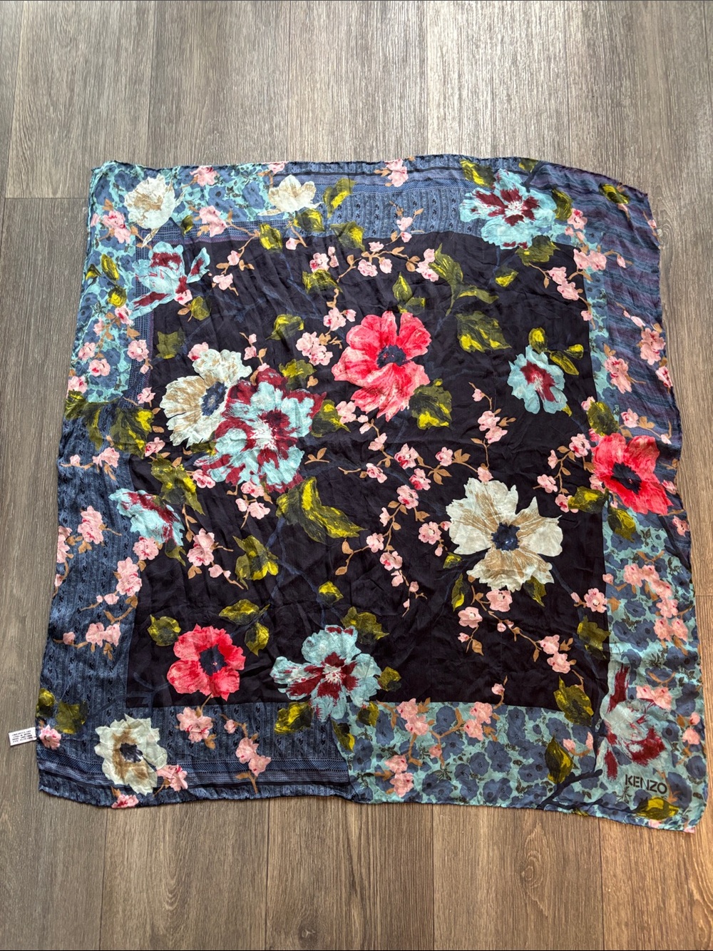Kenzo 100% Silk Scarf-Navy and Blue Floral with Multicolor Blooms